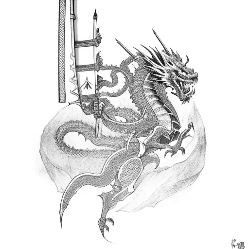 Japanese Samurai Fighting A Red Dragon