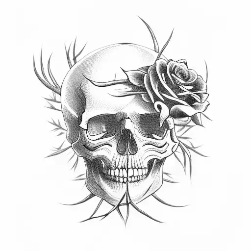 A Macabre Skull Surrounded By Black Roses And Thorns