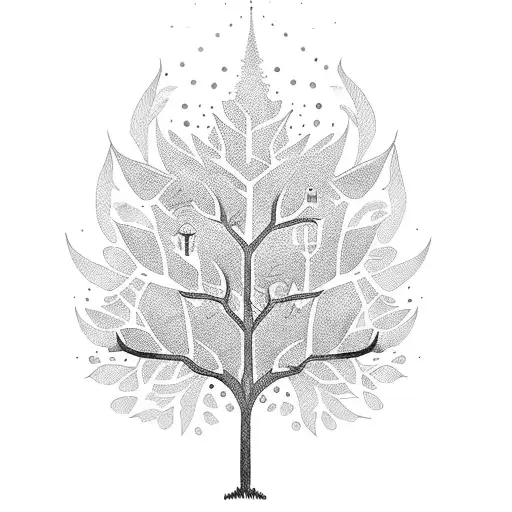 A Dotwork Tattoo Of A Tree With Money Leaves