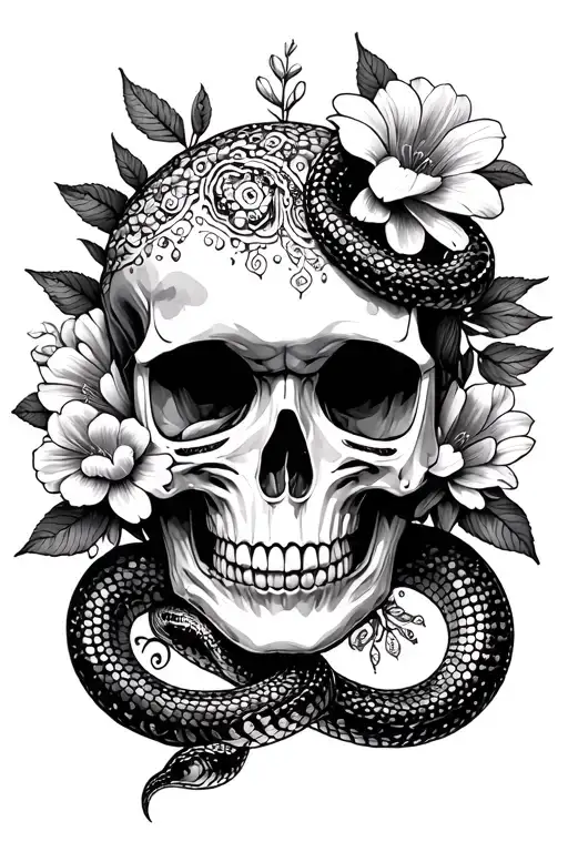 Flowers Around Skull With Snake And Beading