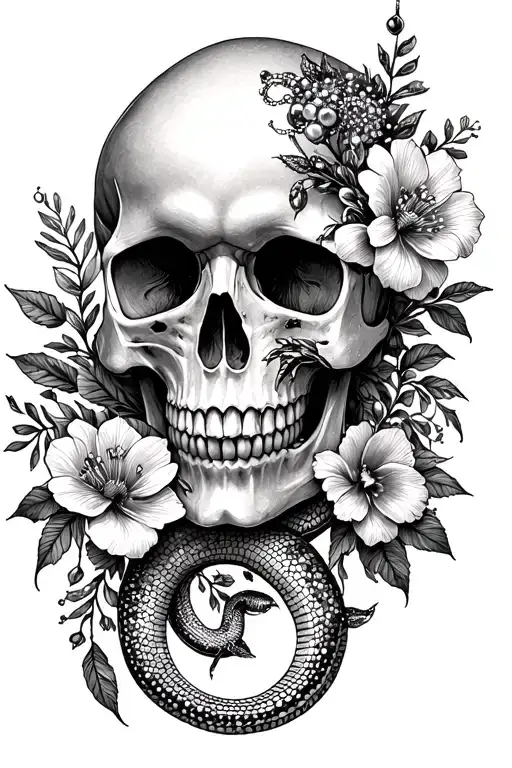 Flowers Around Skull With Snake And Beading And Foliage