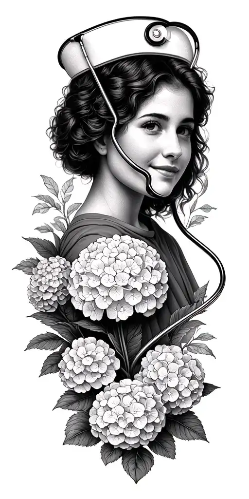 A Serene Beach Scene With A Nurse's Stethoscope Intertwined With Blooming Hydrangeas