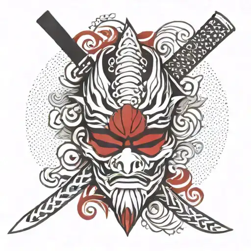 Japanese Style Forearm Tattoo With Hanya Mask And Katana In Black And Red