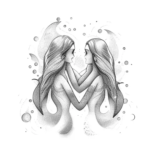 Two Sister Mermaids Holding Hands With The Sea On The Background