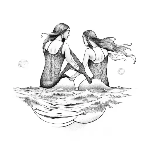 Two Beautiful Mermaids Holding Hands With The Sea And The Moon On The Background