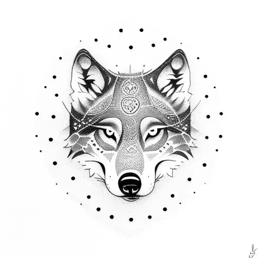 A Dotwork Tattoo Of A Majestic Wolf Surrounded By Floating Words That Symbolize Reflection