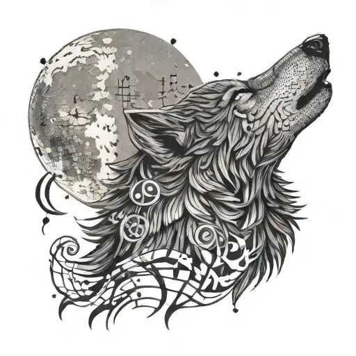 A Wolf Howling At The Moon With Musical Notes Forming The Night Sky