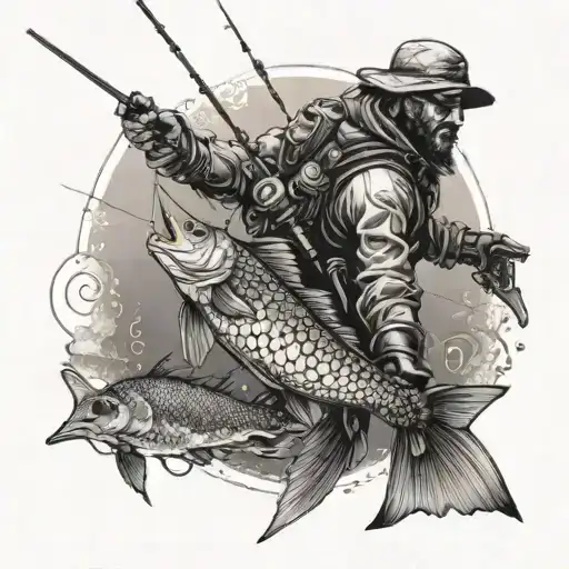 A Detailed Fishing Scene With A Robotic Fisherman