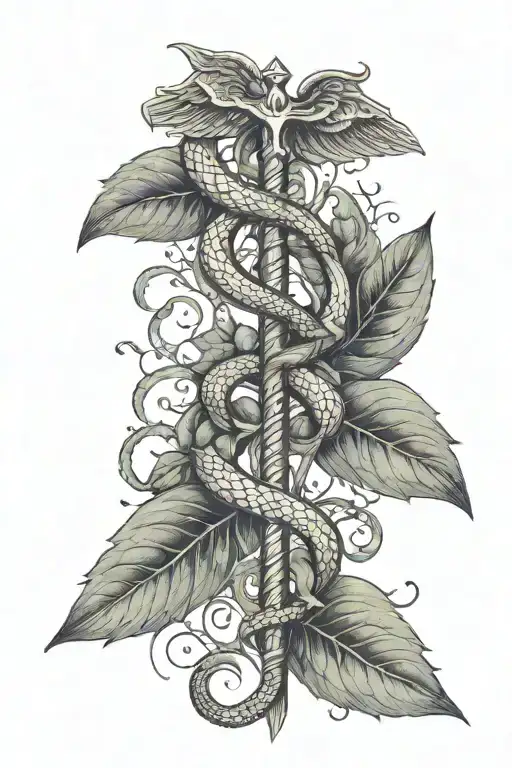 Caduceus Symbol With Subtle Details Of Snake With Leaves
