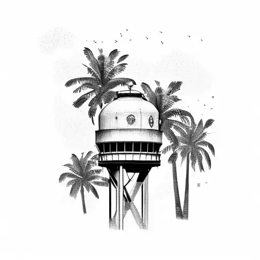 A Water Tower Saying Exit 1 With Palm Trees And Buildings