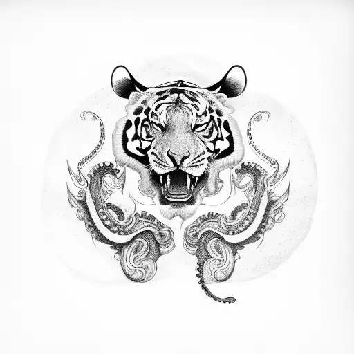 Tattoo Design With Taurus Face And Tiger Body And Octopus Hands