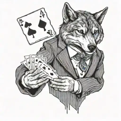 A Wolf In A Suit Holding A Winning Hand Of Cards With A Stack Of Money In The Background