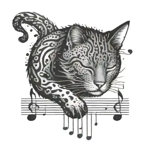 A Dotwork Design Of A Sleeping Cat With Musical Notes Floating Around It