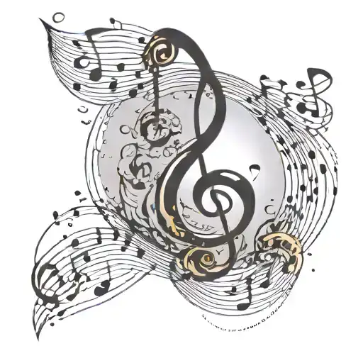 A Tattoo Design Of A Music Note Intertwined With Anime Characters Against A Sunset Backdrop