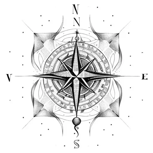 A Dotwork Design Of A Compass Surrounded By Musical Notes And Hiking Boots