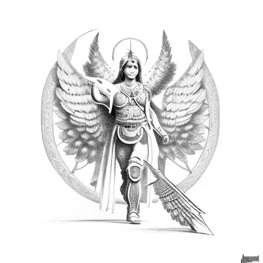 A Dotwork Tattoo Of A Roman Gladiator With Wings Of An Angel