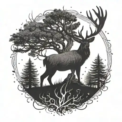 Yoga Tree Pose With Elk Silhouette Inside The Tree