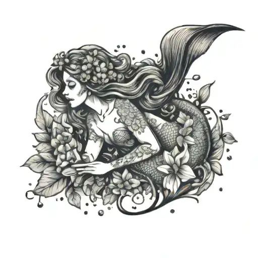 A Majestic Mermaid Swimming Gracefully In The Ocean Surrounded By Flowers