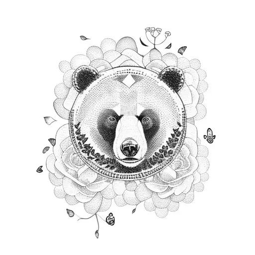 A Dotwork Tattoo Of A Bear Surrounded By Butterflies And Flowers