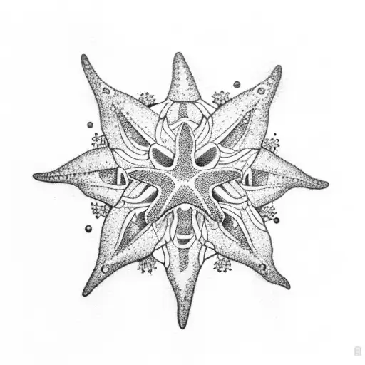 A Dotwork Tattoo Of A Starfish On An Iceberg Floating In The Sea With A Pisces Constellation Above