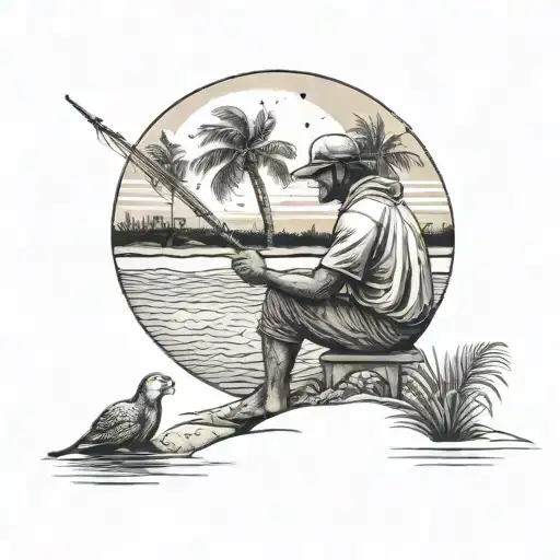 Woman Painting A Fisherman On The Beach With Palm Trees