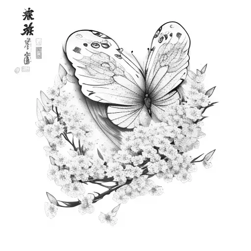 A Delicate Butterfly Perched On A Branch Of Sakura Flowers With A Dragon Hidden Within The Petals