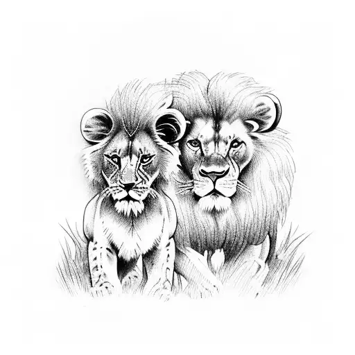 Lion With Cub In Jungle Sunset