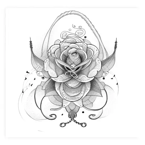 A Hop Flower Intertwined With Guitar Strings And Drumsticks