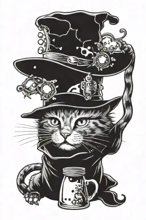 Cat In A Hat Brews A Witch Potion Bottle With Elements