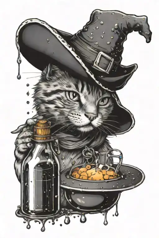 Cat In A Hat Brews A Witch Potion Bottle With Elements Dotwork