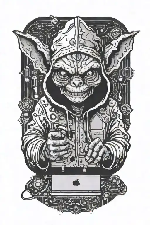 Gremlin Hacker Wearing A Hoodie Using A Laptop Circuit Board Soldering