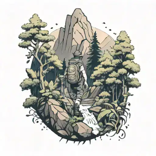 An Anime-inspired Character Hiking Through A Lush Forest Towards A Hidden Waterfall