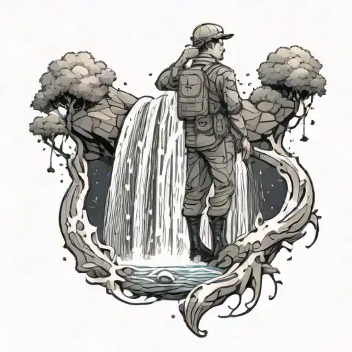 An Anime-style Tattoo Of A Marine Standing Under A Cascading Waterfall With A Serene Expression