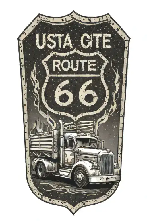 Usa Route 66 Sign With A Truck And A Road Flames Coming