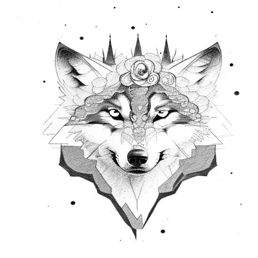 Wolf In Desert With A Rose On Its Head