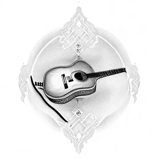 A Detailed Blackwork Tattoo Of A Guitar With Intricate Musical Notes Flowing From It