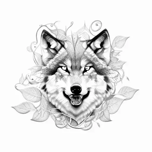 Half Of Wolf Face In Flowers And Vines
