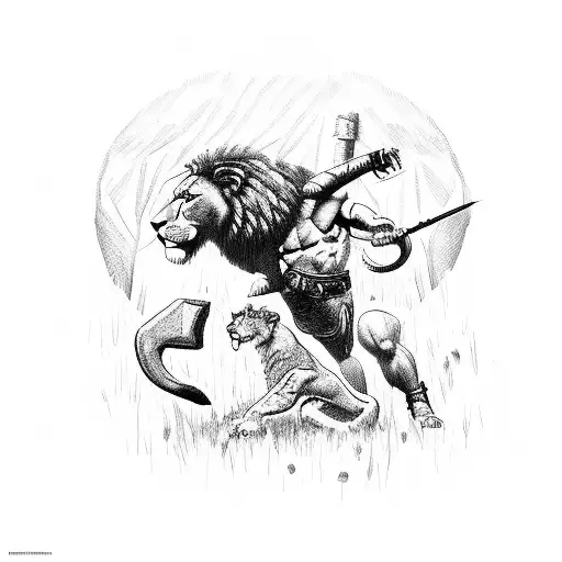 Hercules Wrestling A Lion While Holding A Spear In A Dense Jungle Setting