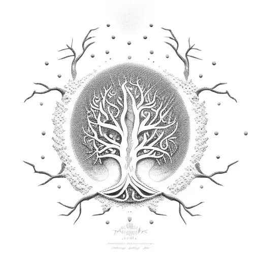 A Majestic Tree Of Life Surrounded By Swirling Crows In A Dotwork Style