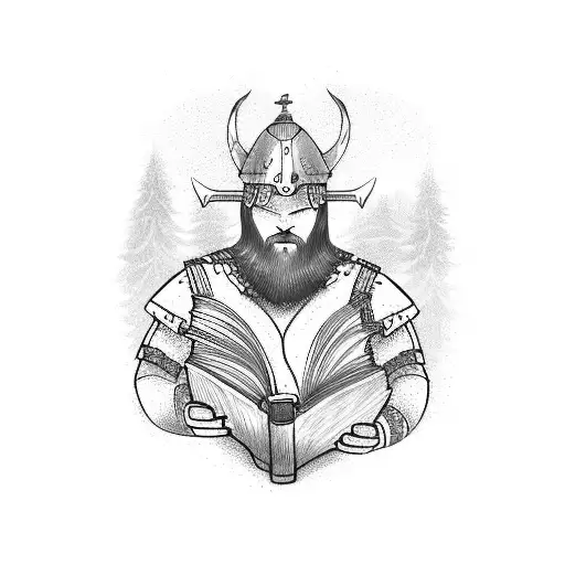 A Detailed Illustration Of A Viking Warrior Reading A Book In A Serene Forest Setting