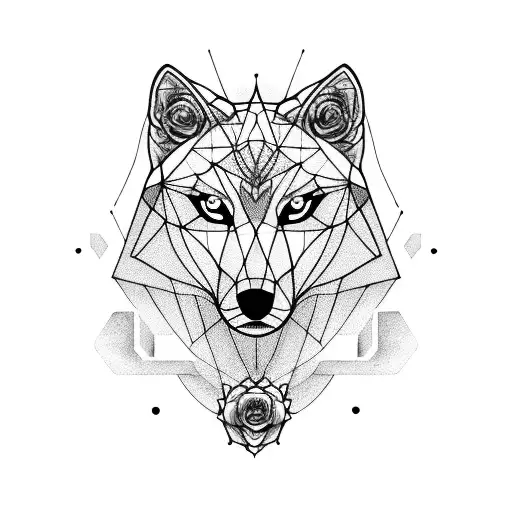 Geometric Wolf With 3 Roses