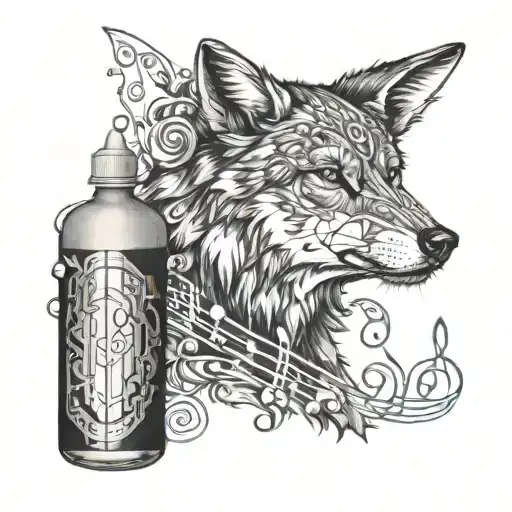 A Pharmaceutical Bottle Morphing Into A Wolf With Musical Notes Around It