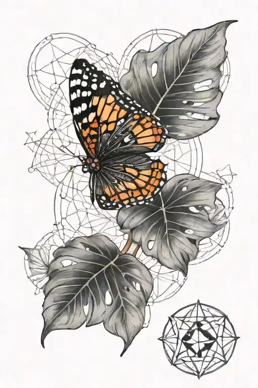 Symetrical Red Admiral Butterfly With Monstera Leaves With Some Sacred Geometry In The Background