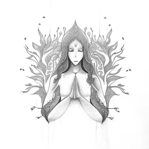 A Minimalist Tattoo Design Shaped As A Lady Figure In Lotus Pose And Hair As Tree Branches