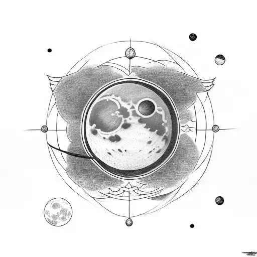 Tattoo With Online Black Color Planets Moon Inside 3 Trinagles And Circles Around
