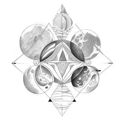 Vertical Drawing Planets And Moons Inside 3 Triangles And Planet Path Circles Around