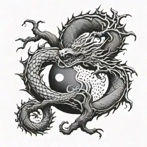 Yin Yang Design Of Black And White Dragon Wrapped Round In A Tree