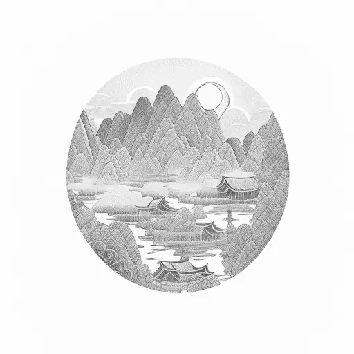 Vietnamese Landscape Inside An Oval With Florals