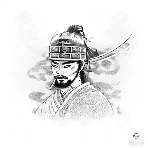 Japanese Samurai With A Sword Covered And Rozes