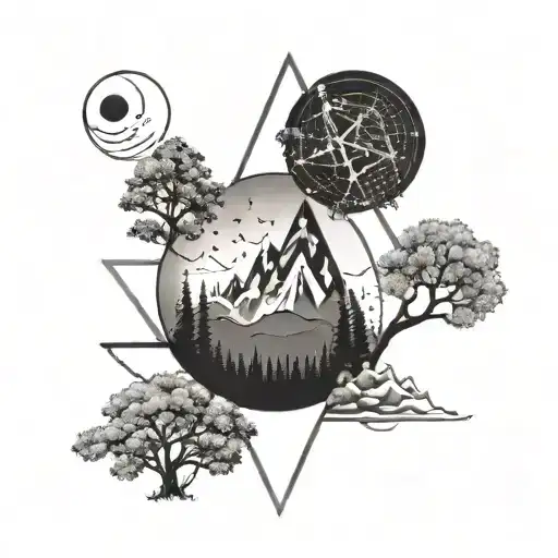 A Geometric Design Incorporating Nuclear Symbols And Nature Elements Like Trees And Mountains